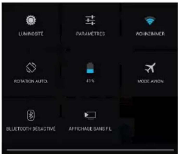 LUMINOSITE PARAMÈTRES WOHNZIMMER ROTATION AUTO. 41% MODE AVION BLUETOOTH DESACTIVE AFFICHAGE SANS FIL