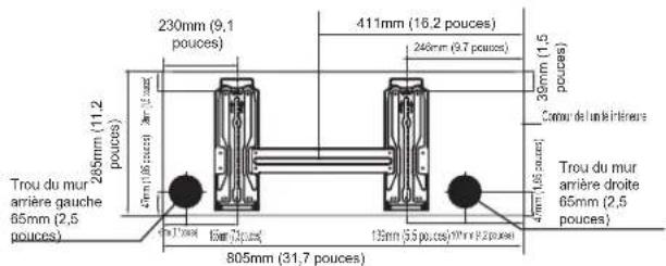 230mm (9,1 pouces) 411mm (16,2 pouces) 285mm (11,2 pouces) 248mm (9,7 pouces) 39mm (1,5 pouces) Cou du mur arrière gauche 65mm (2,5 pouces) Cou de lundi interneu Trou du mur arrière droite 65mm (2,5 pouces) 4mm (1,6 pouces) 805mm (31,7 pouces)