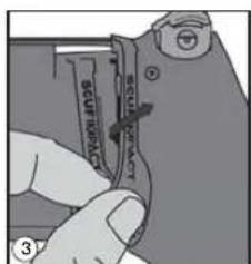 Diagram showing a hand holding a device with labeled parts and directional arrows indicating motion or movement.