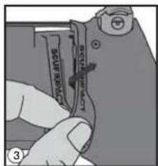Diagram showing a hand holding a device with labeled parts and directional arrows indicating movement or force.
