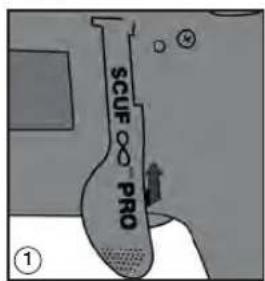 Diagram showing a hand holding a device with labeled parts and directional arrows indicating movement or force.