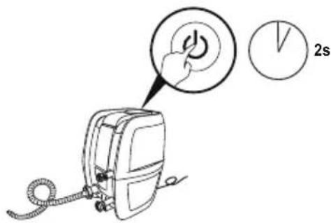 Diagram showing a hand pressing a power button next to a pie chart labeled '2s'