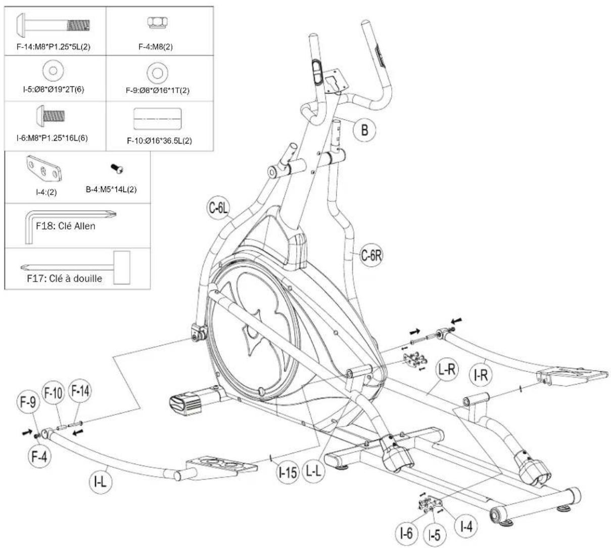 F-14:M8*P1.25*5L(2) F-4:M8(2) I-5:Ø8*Ø19*2T(6) F-9:Ø8*Ø16*1T(2) I-6:M8*P1.25*16L(6) F-10:Ø16*36.5L(2) I-4:(2) B-4:M5*14L(2) F18: Clé Allen F17: Clé à douille C-6L C-6R F-9 F-10 F-14 F-4 I-L I-15 L-L L-R I-R I-6 I-5 I-4