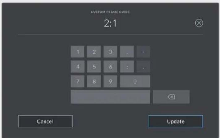 CUSTOM FRAME GUIDE 2:1 1 2 3 . . 4 5 6 : . 7 8 9 0 Cancel Update