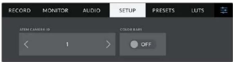 RECORD MONITOR AUDIO SETUP PRESETS LUTS ITEM CAMERA ID COLOR BARS < 1 > OFF
