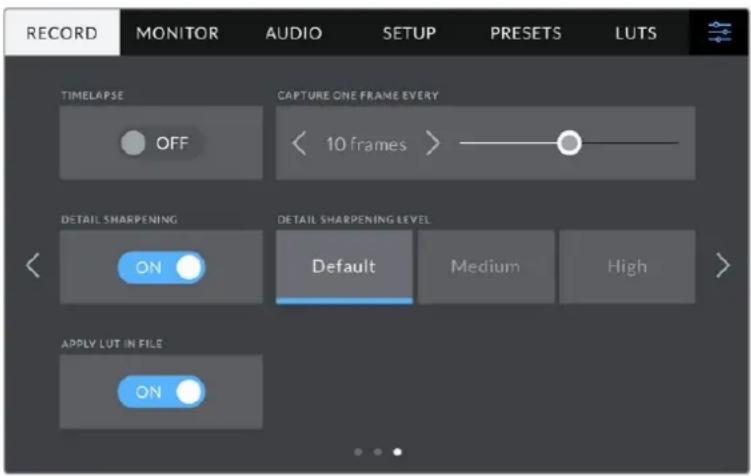 RECORD MONITOR AUDIO SETUP PRESETS LUTS TIMELAPSE CAPTURE ONE FRAME EVERY OFF 10 frames DETAIL SHARPENING DETAIL SHARPENING LEVEL ON Default Medium High APPLY LUT IN FILE ON