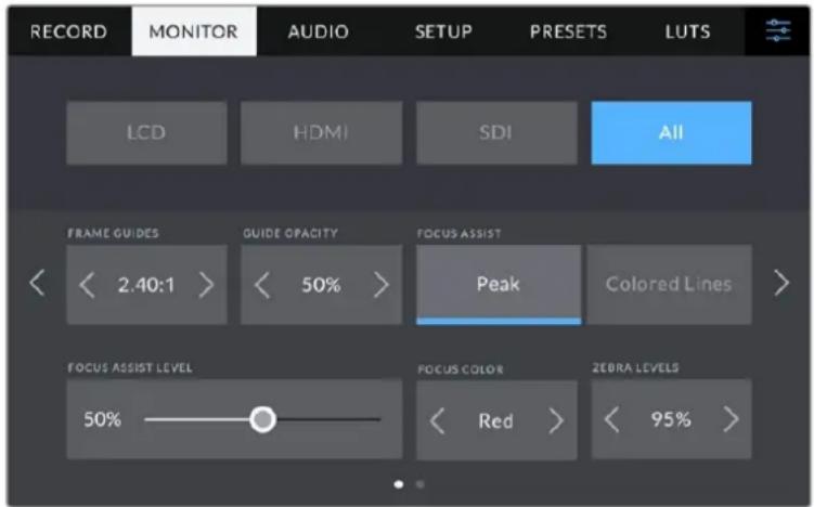 RECORD MONITOR AUDIO SETUP PRESETS LUTS LCD HDMI SDI All FRAME GUIDES GUIDE OPACITY FOCUS ASSIST < 2.40:1 > < 50% > Peak Colored Lines > FOCUS ASSIST LEVEL 50% FOCUS COLOR < Red > < 95% >