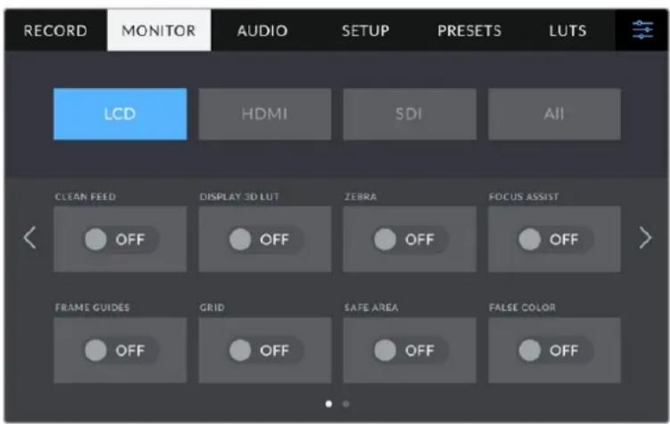RECORD MONITOR AUDIO SETUP PRESETS LUTS LCD HDMI SDI All CLEAN FEED DISPLAY 3D LUT ZEBRA FOCUS ASSIST OFF OFF OFF OFF FRAME GUIDES GRID SAFE AREA FALSE COLOR OFF OFF OFF