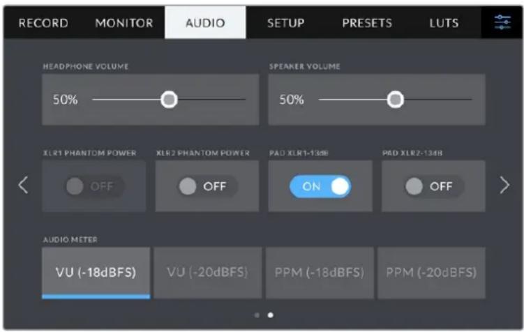 RECORD MONITOR AUDIO SETUP PRESETS LUTS HEADPHONE VOLUME 50% SPEAKER VOLUME 50% XLR1 PHANTOM POWER OFF XLR2 PHANTOM POWER OFF PAD XLR1-13dB ON P&D XLR2-13dB OFF AUDIO METER VU (-18dBFS) VU (-20dBFS) PPM (-18dBFS) PPM (-20dBFS)