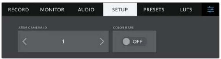 RECORD MONITOR AUDIO SETUP PRESETS LUTS ITEM CAMERA ID COLO-2 BARS < 1 > OFF