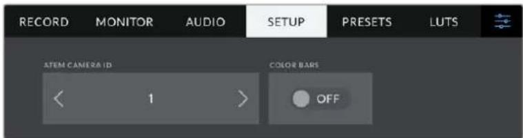 RECORD MONITOR AUDIO SETUP PRESETS LUTS ATEM CAMERA ID COLOR BARS < 1 > OFF