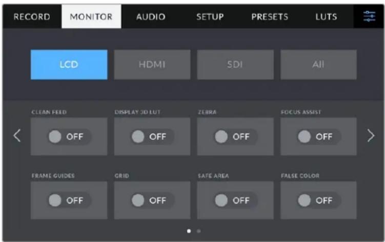 RECORD MONITOR AUDIO SETUP PRESETS LUTS LCD HDMI SDI All CLEAN FEED DISPLAY 3D LUT ZEBRA FOCUS ASSIST OFF OFF OFF OFF FRAME GUIDES GRID SAFE AREA FALSE COLOR OFF OFF OFF