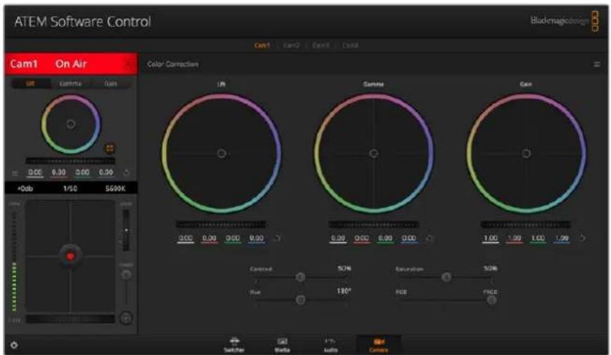 ATEM Software Control Cam1 On Air LPR Gamma Gan 0.00 6.00 3.00 0.50 +0db 1/50 5699K Color Correction LPR Gamma Can 0.00 0.00 0.00 0.00 0.00 0.00 0.00 0.00 1.00 1.00 1.00 1.99 Control: 50% Blue: 180° Extension: 50% RGB: RGB Switch/Rail Audio Camera