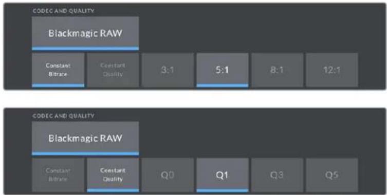 CODEC AND QUALITY Blackmagic RAW Constant Bitrate Constant Quality 3:1 5:1 8:1 12:1 CODEC AND QUALITY Blackmagic RAW Constant Bitrate Constant Quality Q0 Q1 Q3 Q5