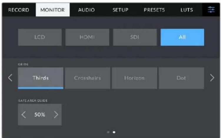 RECORD MONITOR AUDIO SETUP PRESETS LUTS LCD HDMI SDI All GRIDS Thirds Crosshairs Horizon Dot SAFE AREA GUIDE < 50% >