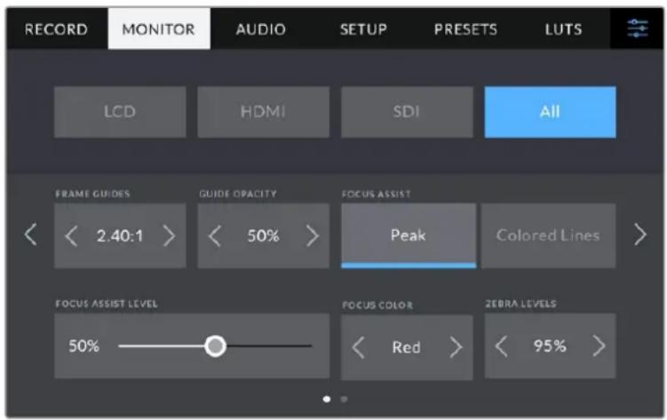 RECORD MONITOR AUDIO SETUP PRESETS LUTS LCD HDMI SDI All FRAME GUIDES GUIDE OPACITY FOCUS ASSIST < 2.40:1 > < 50% > Peak Colored Lines > FOCUS ASSIST LEVEL 50% FOCUS COLOR < Red > < 95% >
