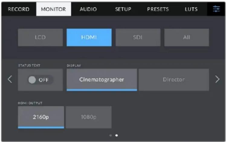 RECORD MONITOR AUDIO SETUP PRESETS LUTS LCD HDMI SDI All STATUS TEXT OFF DISPLAY Cinematographer Director HDMI OUTPUT 2160p 1080p