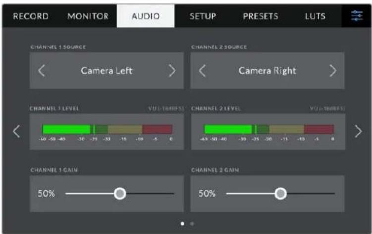 RECORD MONITOR AUDIO SETUP PRESETS LUTS CHANNEL 1 SOURCE CHANNEL 2 SOURCE < Camera Left > < Camera Right > CHANNEL 1 LEVEL VU (-100MHz) CHANNEL 2 LEVEL VU (-100MHz) -50 -50 -40 -30 -25 -20 -15 -10 -5 0 CHANNEL 1 GAIN CHANNEL 2 GAIN 50% 50%