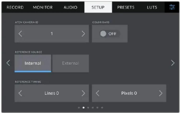 RECORD MONITOR AUDIO SETUP PRESETS LUTS ATEM CAMERA ID < 1 > COLOR BARS OFF REFERENCE SOURCE < Internal External > REFERENCE TIMING < Lines 0 > < Pixels 0 >