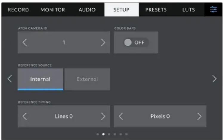 RECORD MONITOR AUDIO SETUP PRESETS LUTS ATEM CAMERA ID < 1 > COLOR BARS OFF REFERENCE SOURCE < Internal External > REFERENCE TIMING < Lines 0 > < Pixels 0 >