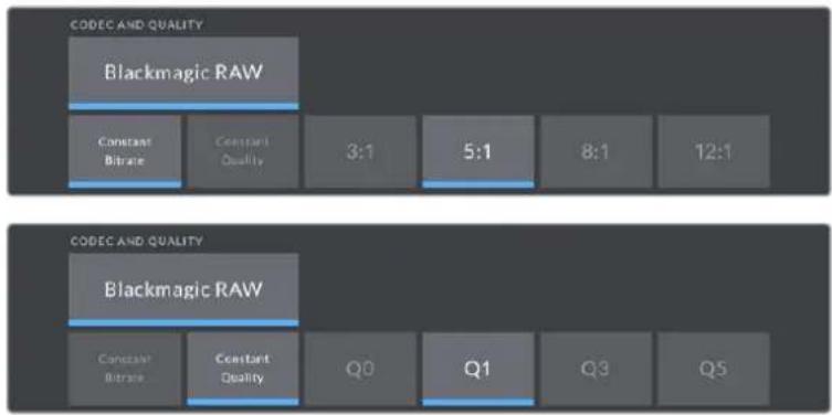CODEC AND QUALITY Blackmagic RAW Constant Bitrate Constant Quality 3:1 5:1 8:1 12:1 CODEC AND QUALITY Blackmagic RAW Constant Bitrate Constant Quality Q0 Q1 Q3 Q5