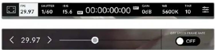 FPS 29.97 SHUTTER IRIS 00:00:00:00 GAIN WB TINT 1/60 f5.6 0dB 5600K 10 < 29.97 > OFF SPEED FRAME RATE OFF