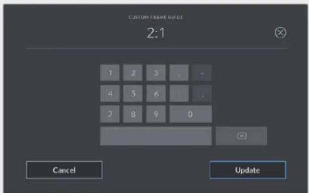 CUSTOM FRAME GUIDE 2:1 1 2 3 . - 4 5 6 : . 7 8 9 0 Cancel Update