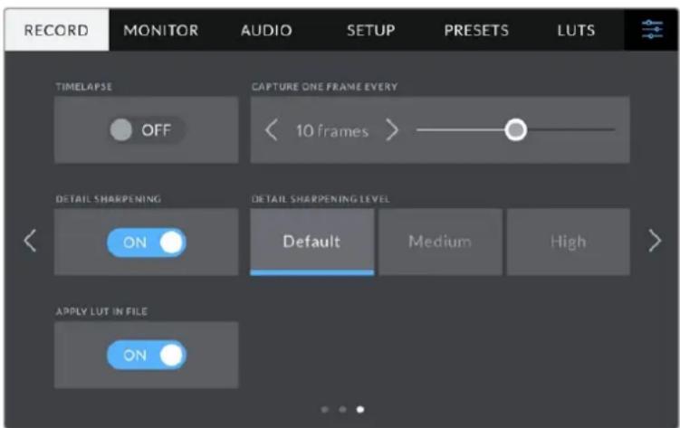 RECORD MONITOR AUDIO SETUP PRESETS LUTS TIMELAPSE CAPTURE ONE FRAME EVERY OFF < 10 frames > DETAIL SHARPENING DETAIL SHARPENING LEVEL ON Default Medium High APPLY LUT IN FILE ON