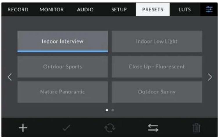 RECORD MONITOR AUDIO SETUP PRESETS LUTS Indoor Interview Indoor Low Light Outdoor Sports Close Up - Fluorescent Nature Panoramic Outdoor Sunny
