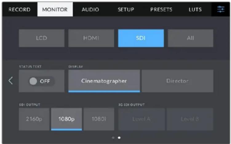 RECORD MONITOR AUDIO SETUP PRESETS LUTS LCD HDMI SDI All STATUS TEXT DISPLAY OFF Cinematographer Director SDI OUTPUT 2160p 1080p 1080i 3G SDI OUTPUT Level A Level B