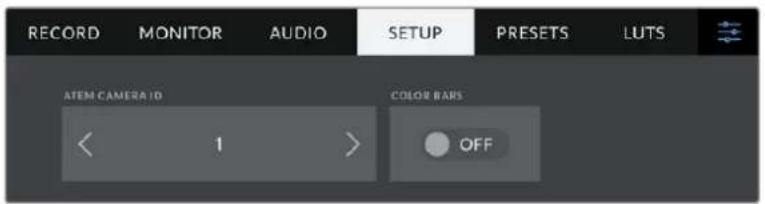 RECORD MONITOR AUDIO SETUP PRESETS LUTS ATEM CAMERA ID COLOR BARS < 1 > OFF
