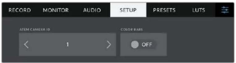 RECORD MONITOR AUDIO SETUP PRESETS LUTS ATEM CAMERA ID COLOR BARS << 1 > OFF