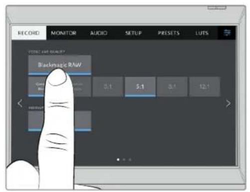 RECORD MONITOR AUDIO SETUP PRESETS LUTS SCORE BAR QUALITY Blackmagic RAW Giant 3.1 5.1 8.1 12.1 < > + - + - + - + - +