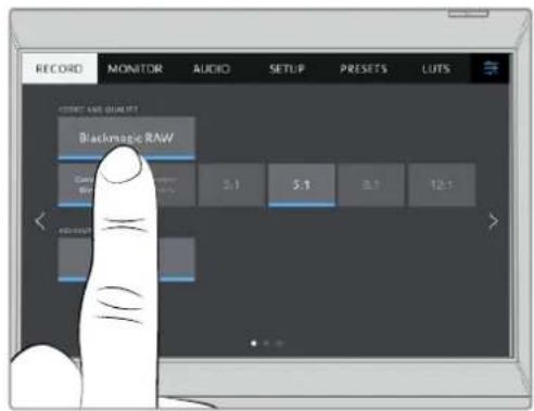 RECORD MONITOR AUDIO SETUP PRESETS LUTS CURRENT AND QUALITY Blackmagic RAW 3.1 5.1 8.1 12.1 < RECOOKING > + < +>