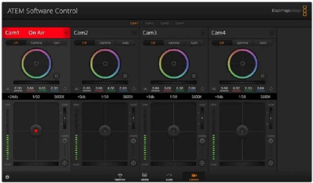 ATEM Software Control Blackmagic design Cam1 On Air Cam2 Cam3 Cam4 Lift Gamma Gain Lift Gamma Gain Lift Gamma Gain Lift Gamma Gain +24db 1/50 5600K +0db 1/50 5600K +0db 1/50 5600K +0db 1/50 5600K Switcher Media Audio Cam1