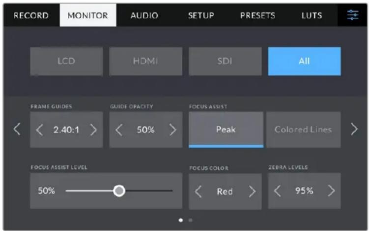 RECORD MONITOR AUDIO SETUP PRESETS LUTS LCD HDMI SDI All FRAME GUIDES GUIDE OPACITY FOCUS ASSIST < 2.40:1 > < 50% > Peak Colored Lines > FOCUS ASSIST LEVEL 50% FOCUS COLOR < Red > < 95% >