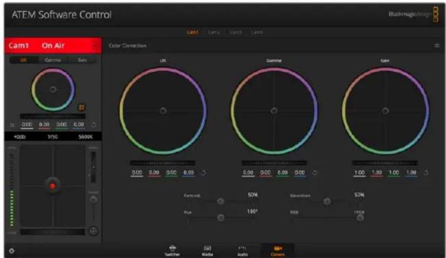 ATEM Software Control Cam1 On Air UK Gamma Salt 0.00 0.00 0.00 0.00 +0.00 1/50 5699K Color Correction LIF Sunset Gan 0.00 0.00 0.00 0.00 1.00 1.30 1.00 1.30 Compd. 50% Square 50% Rus 18° RGB FREE Switcher Media Audio Camera