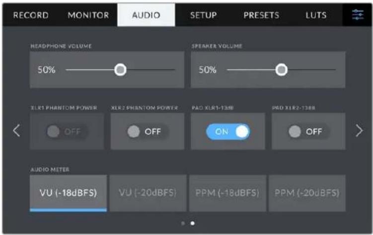 RECORD MONITOR AUDIO SETUP PRESETS LUTS HEADPHONE VOLUME SPEAKER VOLUME 50% 50% XLR1 PHANTOM POWER XLR2 PHANTOM POWER PAD XLR1-13dB PRED XLR2-13dB OFF OFF ON OFF AUDIO METER VU (-18dBFS) VU (-20dBFS) PPM (-18dBFS) PPM (-20dBFS)