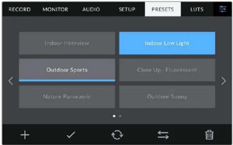 RECORD MONITOR AUDIO SETUP PRESETS LUTS Indoor Interview Indoor Low Light Outdoor Sports Close Up - Fluorescent Nature Panoramic Outdoor Sunny