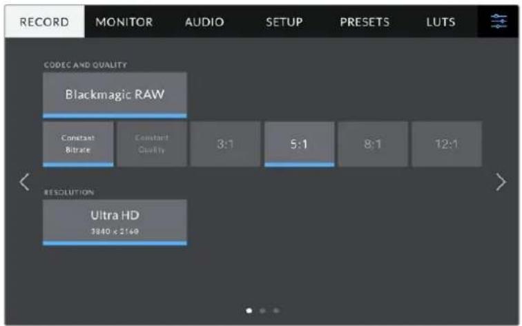 RECORD MONITOR AUDIO SETUP PRESETS LUTS CODEC AND QUALITY Blackmagic RAW Constant Bitrate Constant Quality 3:1 5:1 8:1 12:1 RESOLUTION Ultra HD 3840 x 2160