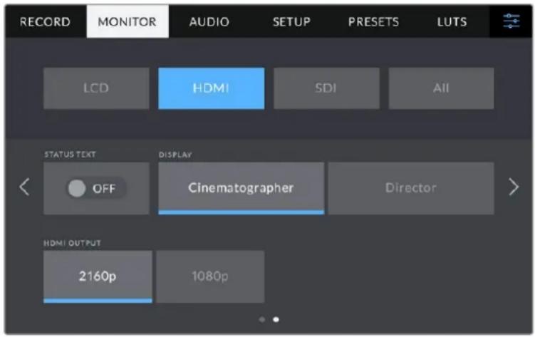 RECORD MONITOR AUDIO SETUP PRESETS LUTS LCD HDMI SDI All STATUS TEXT DISPLAY OFF Cinematographer Director HDMI OUTPUT 2160p 1080p