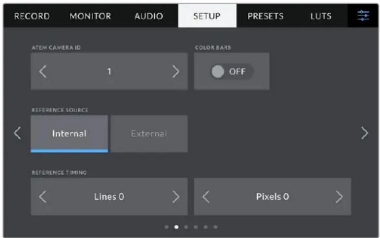RECORD MONITOR AUDIO SETUP PRESETS LUTS ATEM CAMERA ID 1 COLOR BARS OFF REFERENCE SOURCE Internal External REFERENCE TIMING Lines 0 Pixels 0