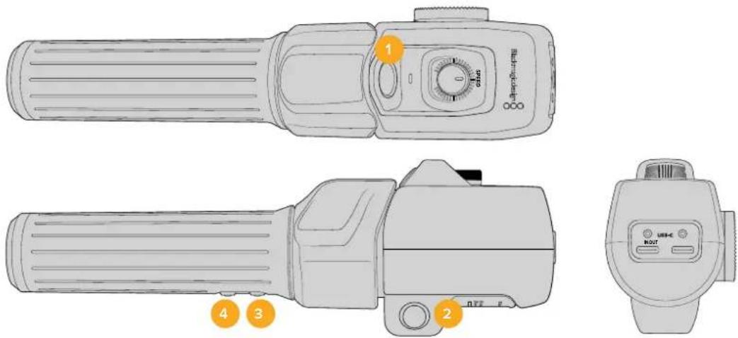 Technical diagram of a handheld device with labeled parts including adjustment knobs and control buttons