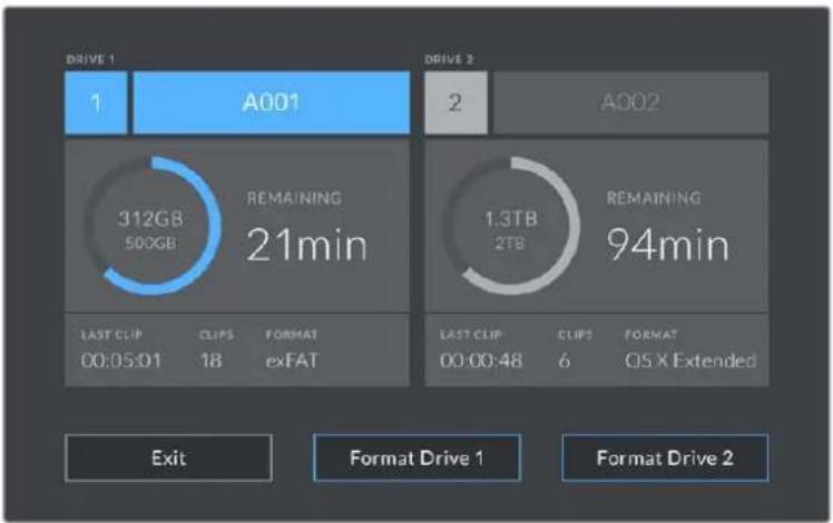 DRIVE 1 1 A001 312GB 500GB REMAINING 21min LAST CLIP 00:05:01 CLIPS 18 FORMAT exFAT DRIVE 2 2 A002 1.3TB 2TB REMAINING 94min LAST CLIP 00:00:48 CLIPS 6 FORMAT OS X Extended Exit Format Drive 1 Format Drive 2