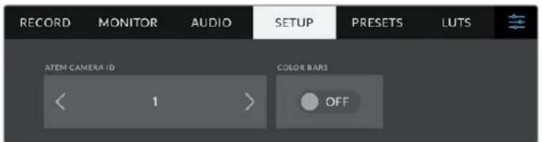 RECORD MONITOR AUDIO SETUP PRESETS LUTS ATEM CAMERA ID COLOR BARS < 1 > OFF