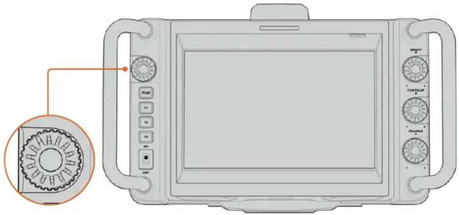 Diagram of a microwave oven with labeled control knobs and a gear-shaped dial indicator on the left.