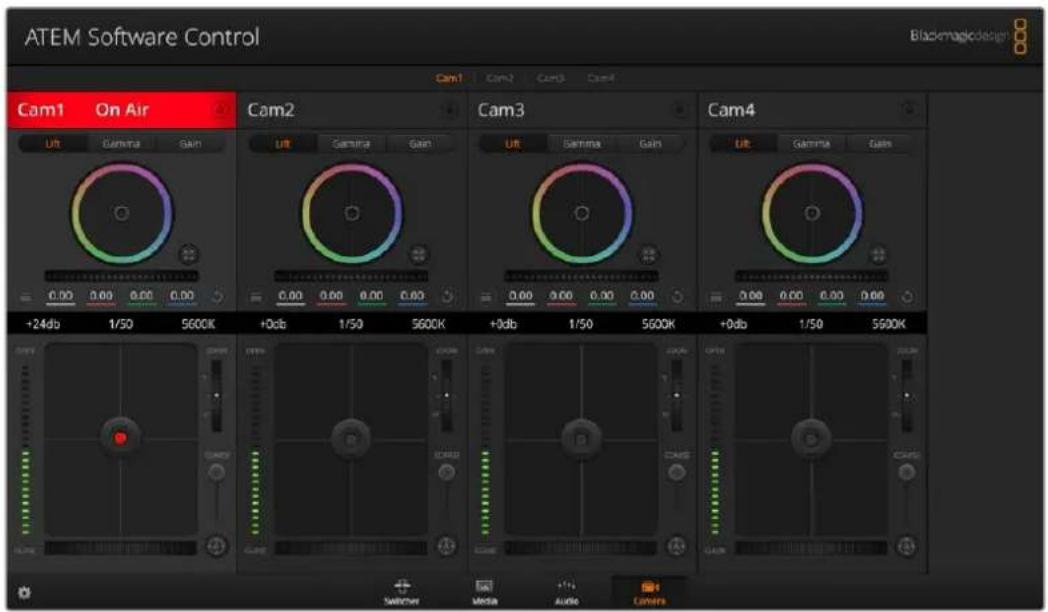 ATEM Software Control Blackmagic design Cam1 On Air Cam2 Cam3 Cam4 +24db 1/50 5600K +0db 1/50 5600K +0db 1/50 5600K +0db 1/50 5600K Switcher Media Audio Comms