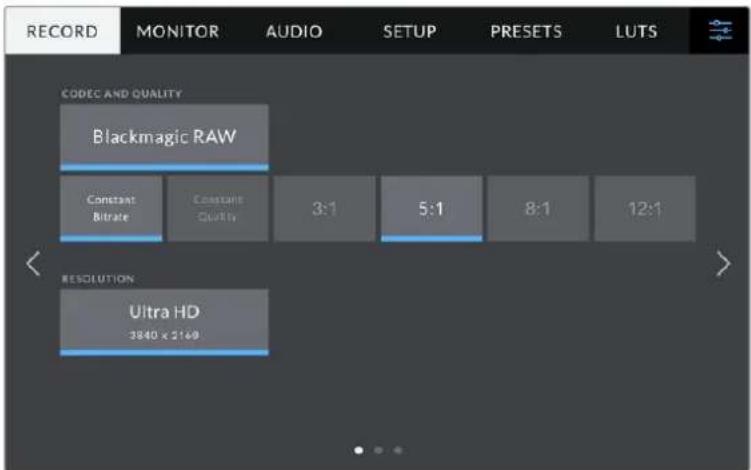 RECORD MONITOR AUDIO SETUP PRESETS LUTS CODEC AND QUALITY Blackmagic RAW Constant Bitrate Constant Quality 3:1 5:1 8:1 12:1 RESOLUTION Ultra HD 3840 x 2169