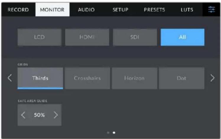 RECORD MONITOR AUDIO SETUP PRESETS LUTS LCD HDMI SDI All GRIDS Thirds Crosshairs Horizon Dot SAFE AREA GUIDE < 50% >