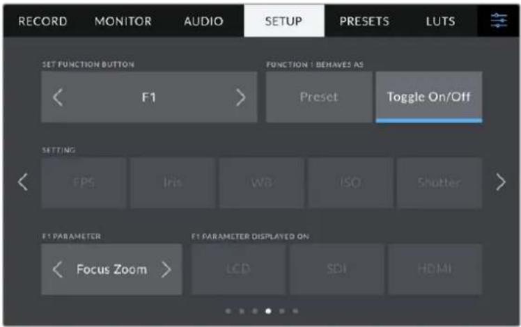 RECORD MONITOR AUDIO SETUP PRESETS LUTS SET FUNCTION BUTTON F1 > FUNCTION 1 BEHAVES AS Preset Toggle On/Off SETTING FPS Iris WB ISO Shutter > F1 PARAMETER F1 PARAMETER DISPLAYED ON Focus Zoom LCD SDI HDMI